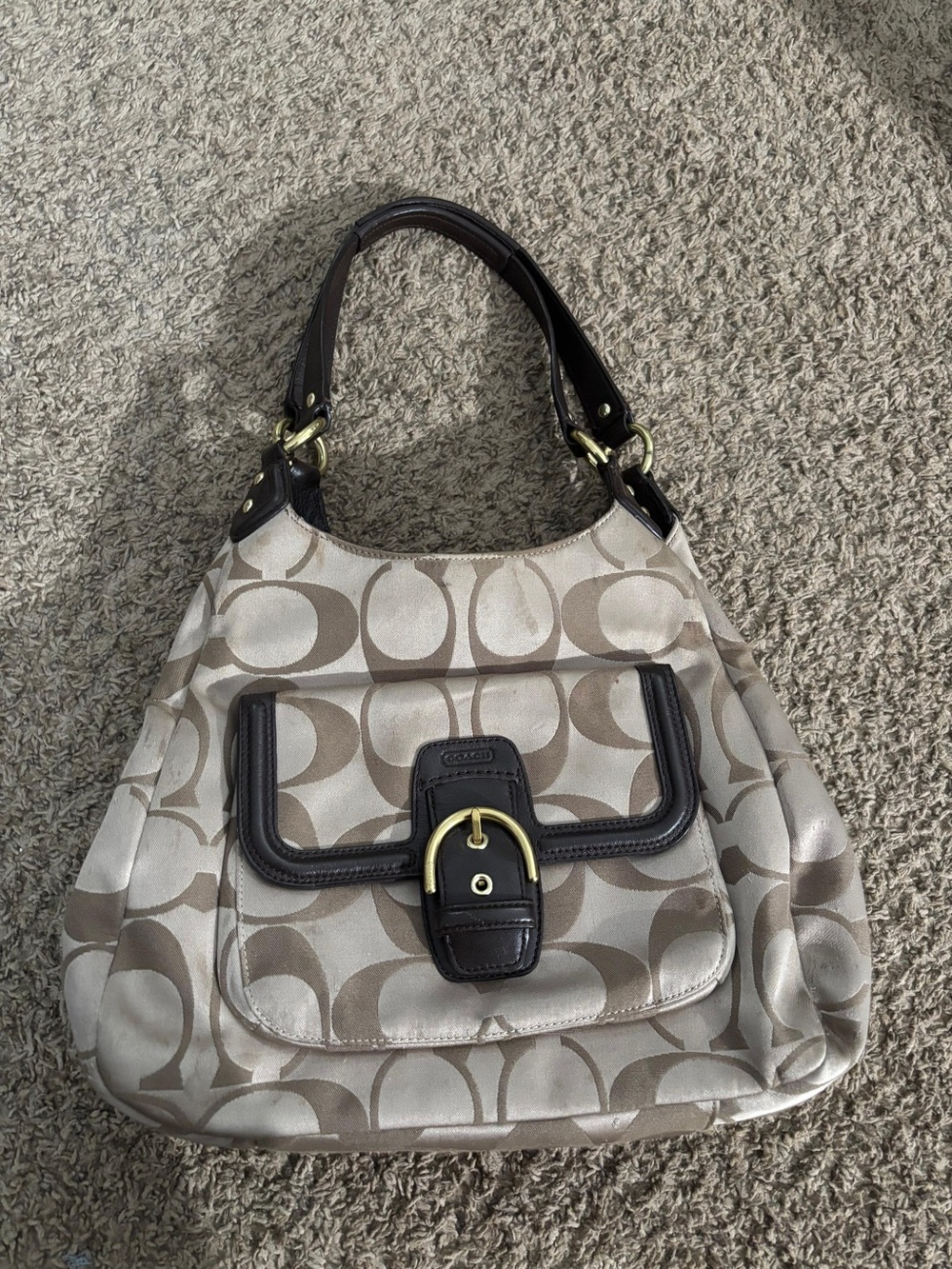 Coach Signature Canvas Shoulder Bag in Beige and Dark Brown
